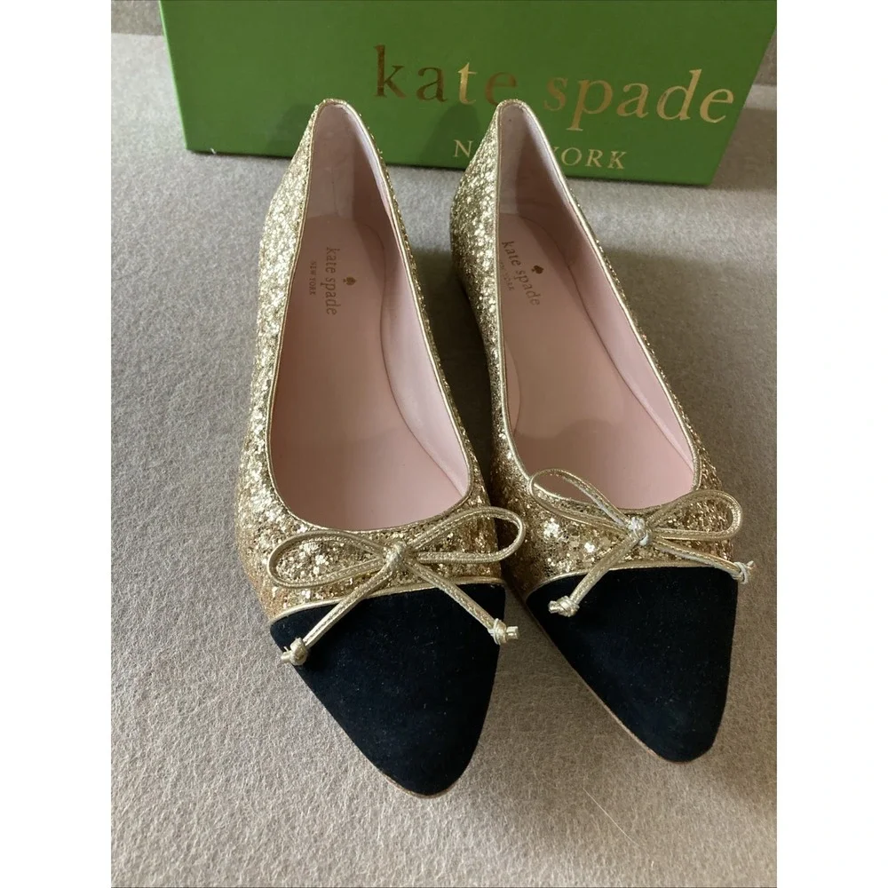 Kate Spade New York Nella Flats Size 9 Gold Glitter Black Toe‎ w/ Box